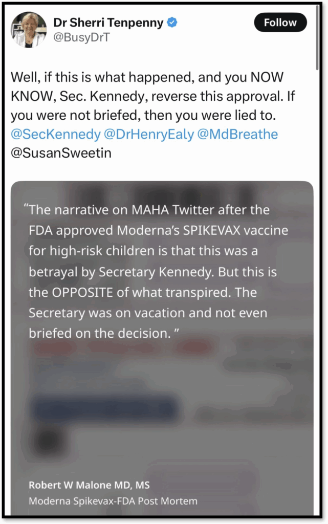 A tweet by Dr. Sherri Tenpenny claims that if people weren’t briefed about the FDA approving Moderna’s SpikeVAX for high-risk children, they were lied to. She quotes Robert Malone stating Secretary Kennedy was not briefed.
