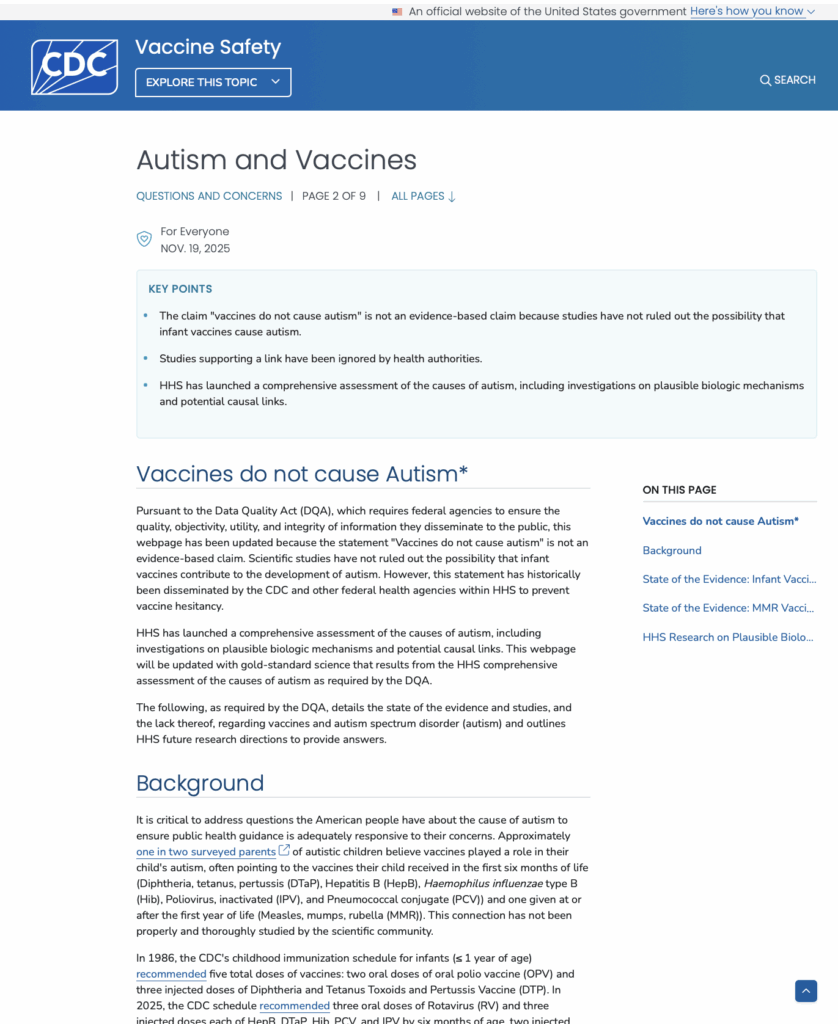 CDC on vaccines and autism since November 19, 2025.