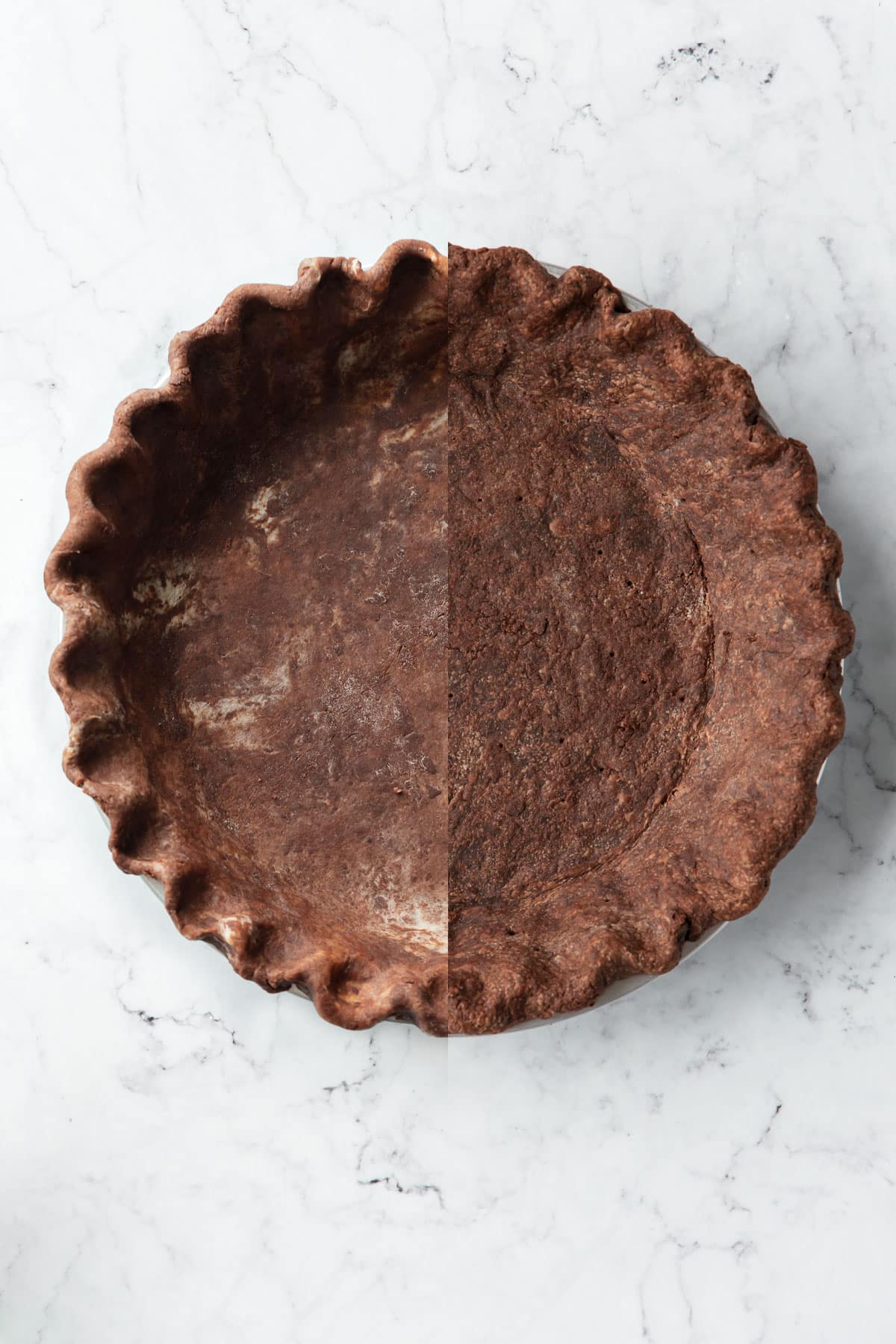 Split screen showing a Flaky Chocolate Pie Crust before baking (left) and after baking (right).