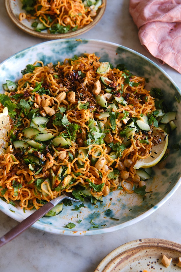 Spicy Chickpea Pasta Bowls Made with Ramen Noodles on a table