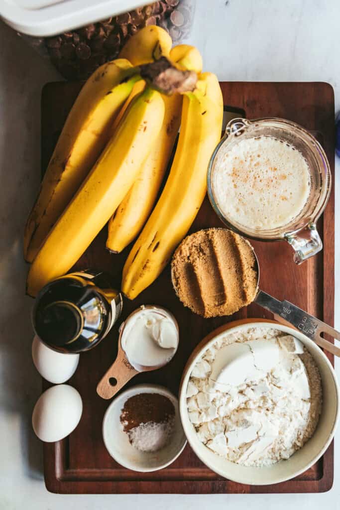 Ingredients for a loaf of homemade banana bread. 