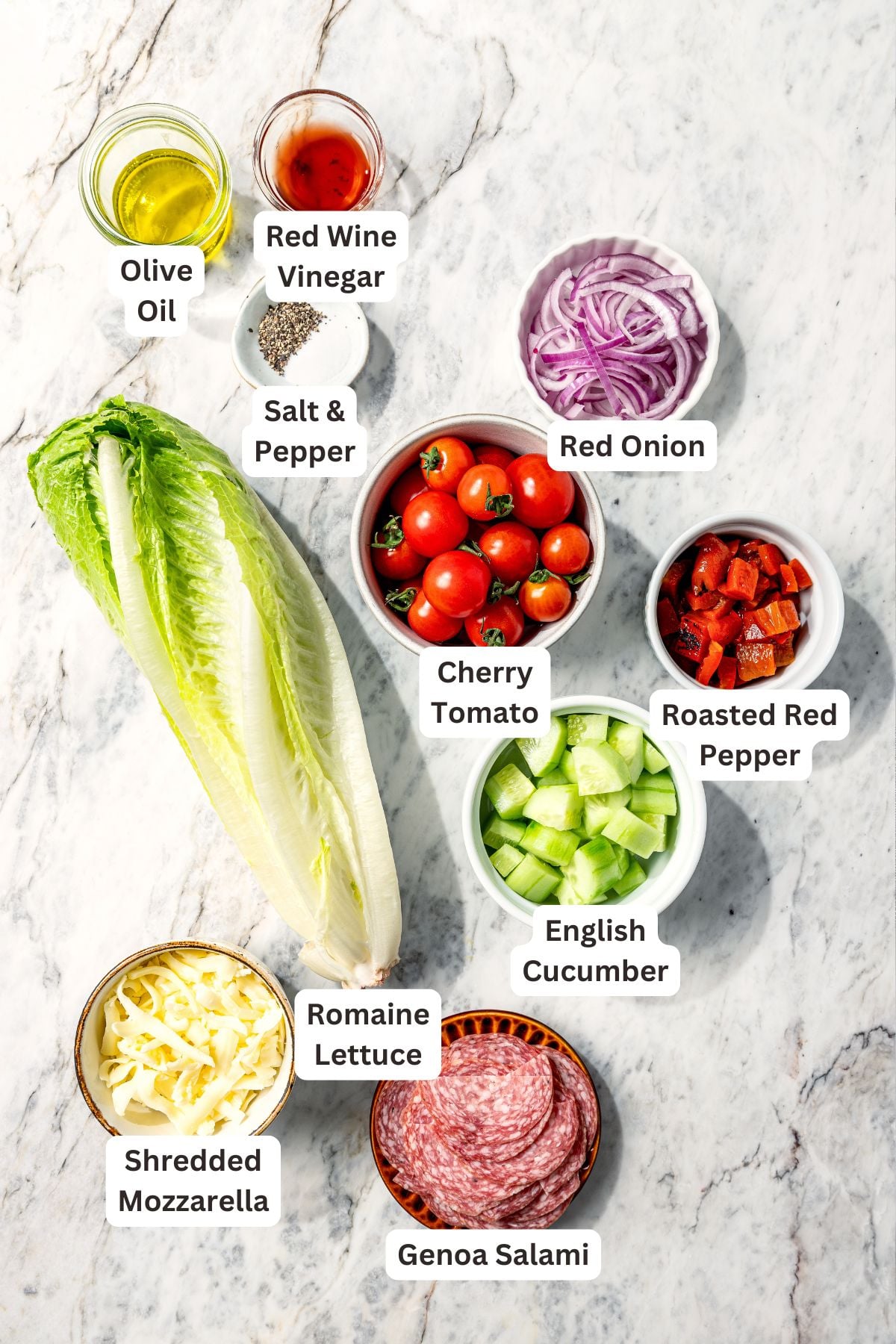 Ingredients for Italian chopped salad with labels.